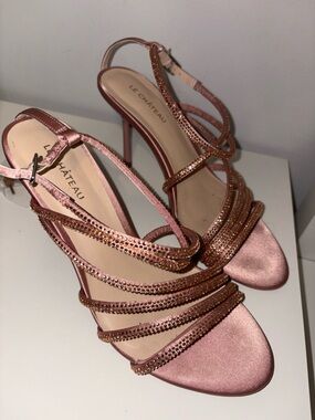 le chateau Pink Rose Gold Satin Strappy Crystal Heels